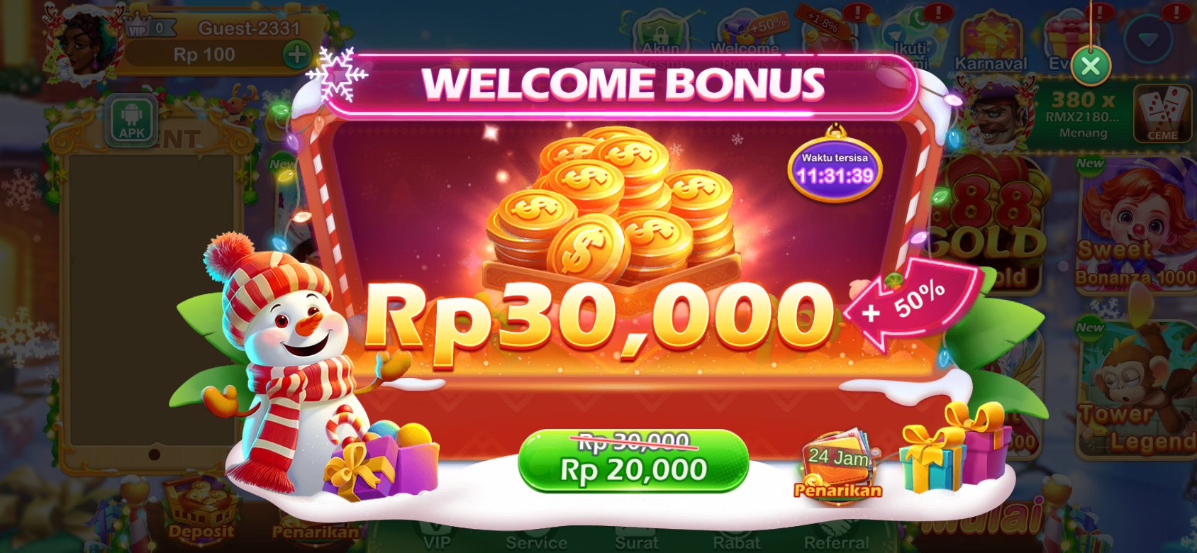 Bonus selamat datang pc777 dengan tambahan +50% untuk pengguna baru.